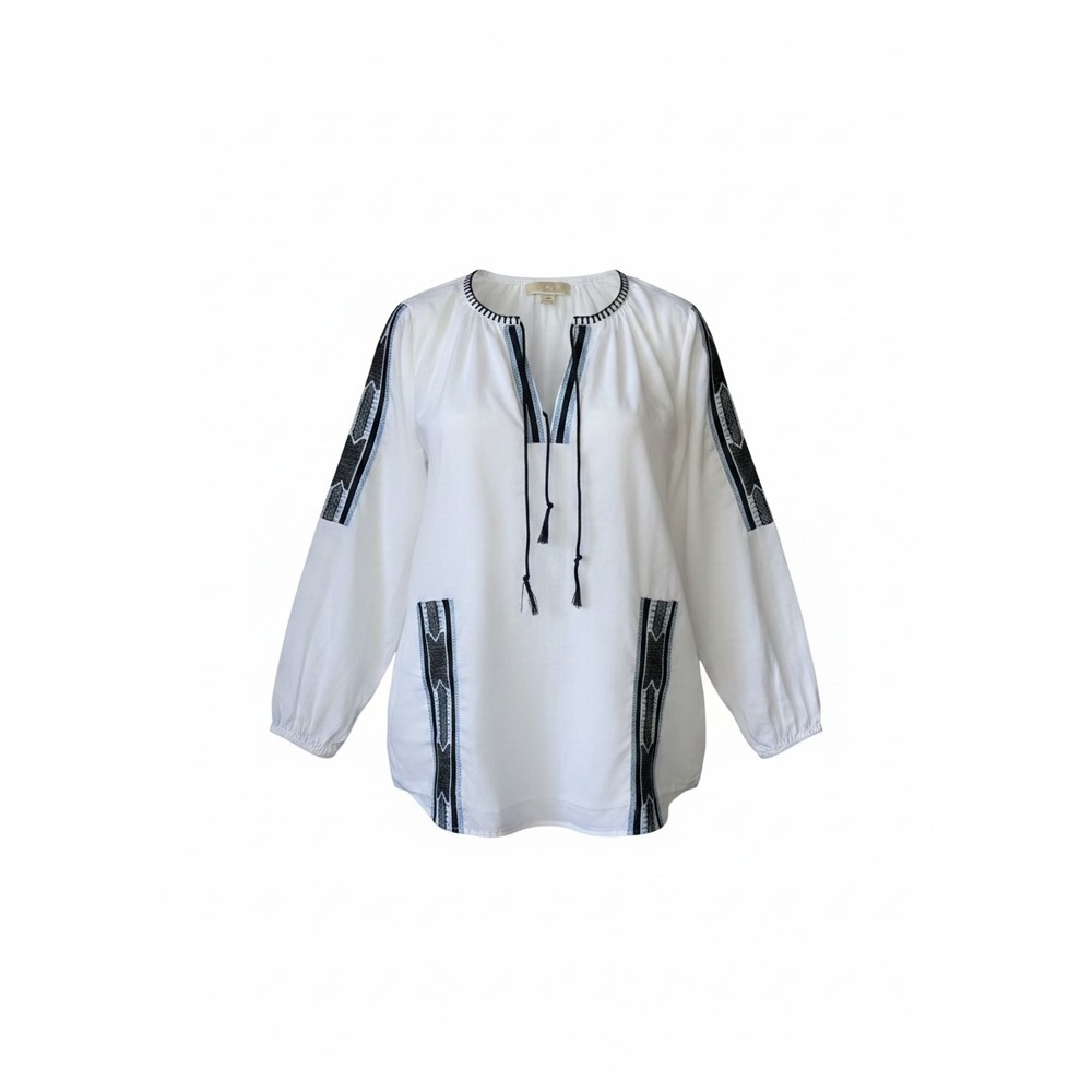 Michael Michael Kors White Embroidered Cotton Peasant Blouse Tassel Top Mens M